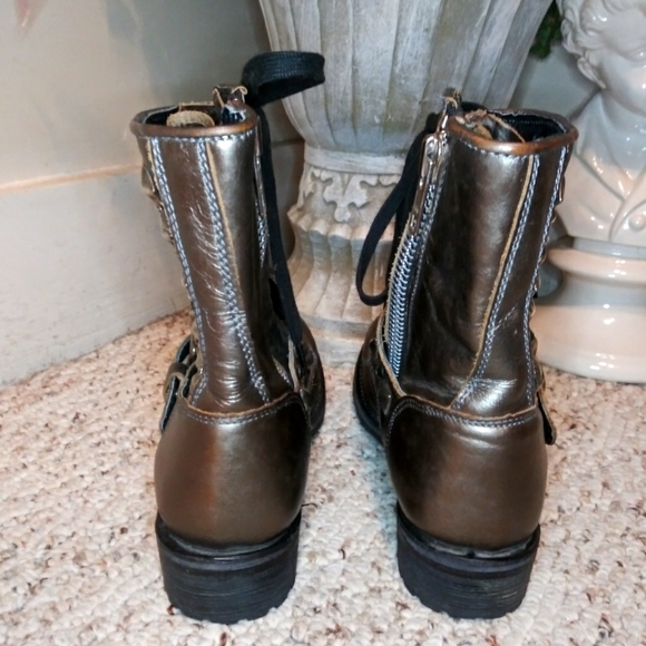 ASH Ryhanna Silver & Rhinestone Studded Distressed Pewter Leather Combat Boots - Picture 6 of 11